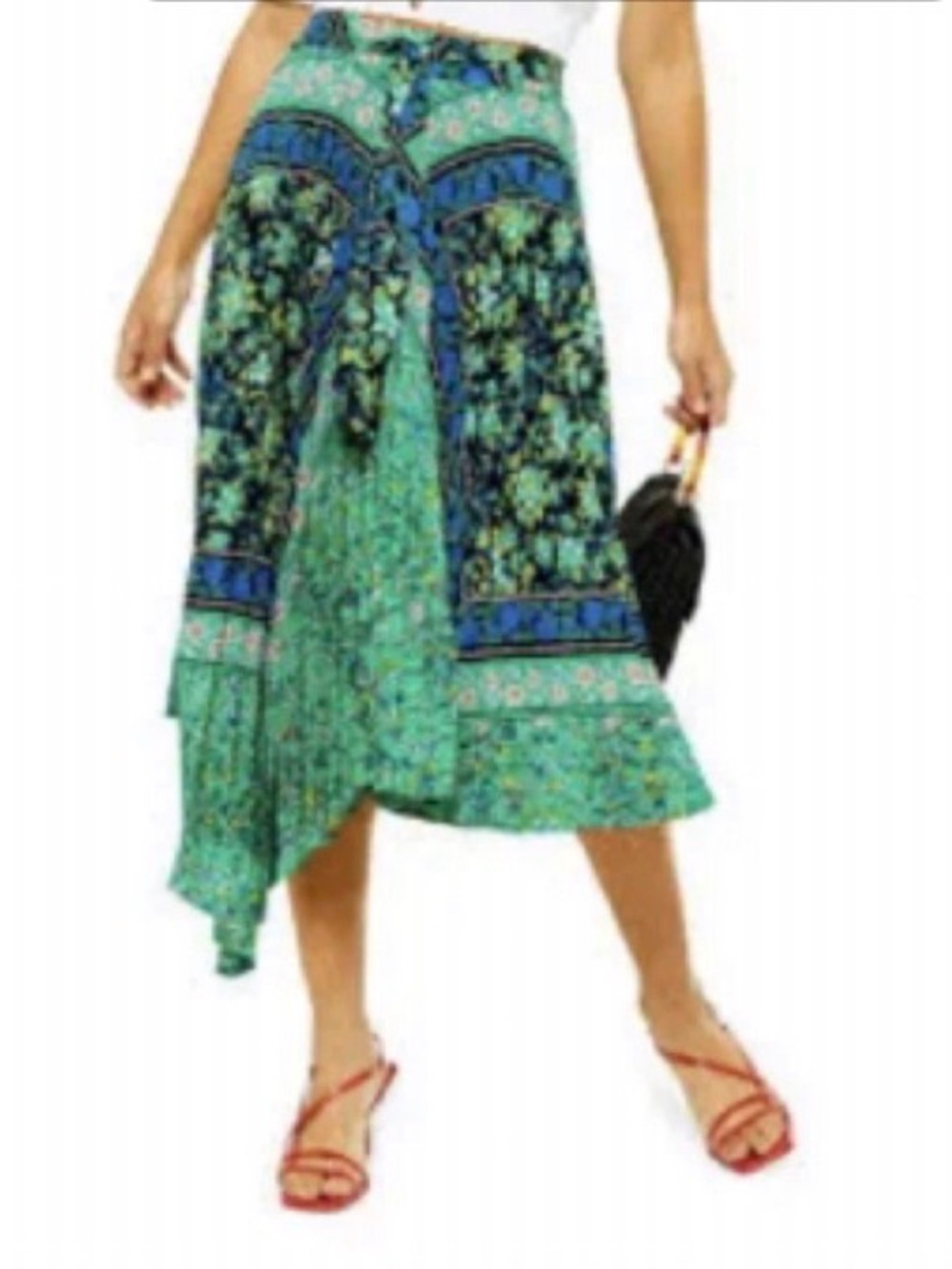 Green Floral Patchwork pleated Midi Skirt